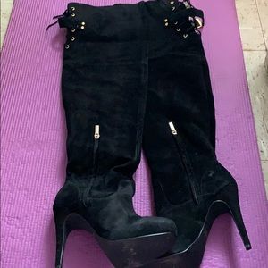 Over the knee black suede heeled boots
